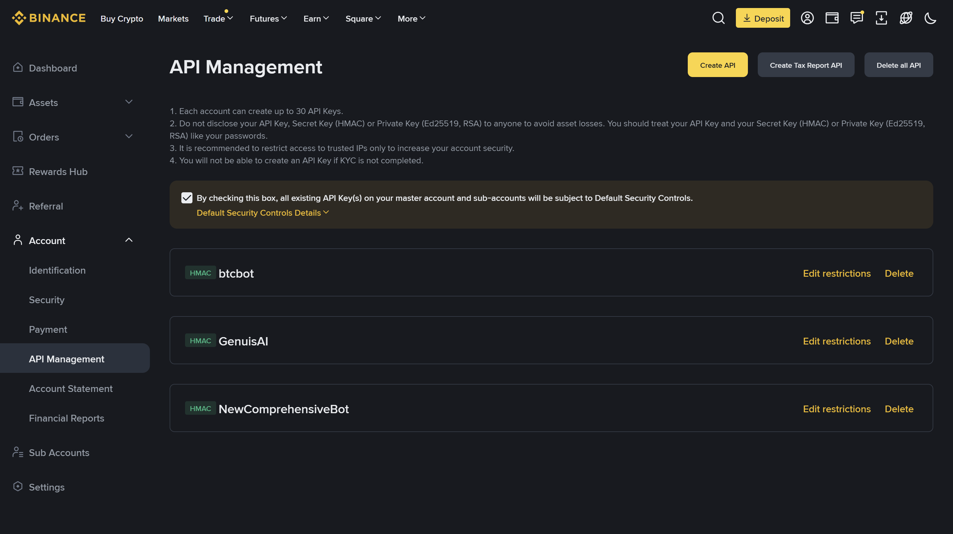 Binance profile menu showing API Management option