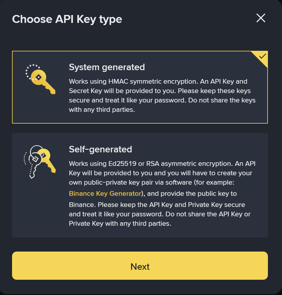 API key type selection on Binance
