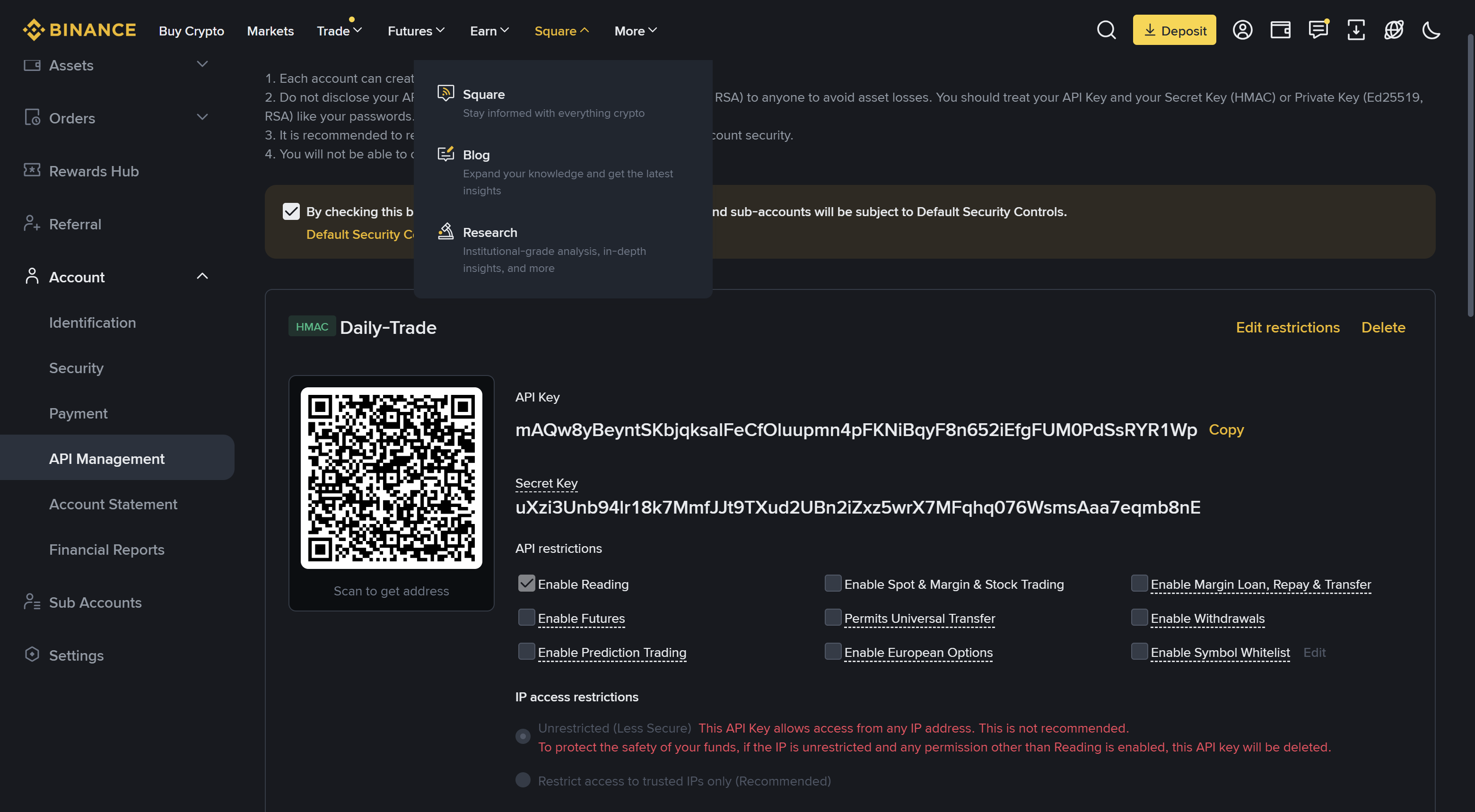 Naming the API key on Binance