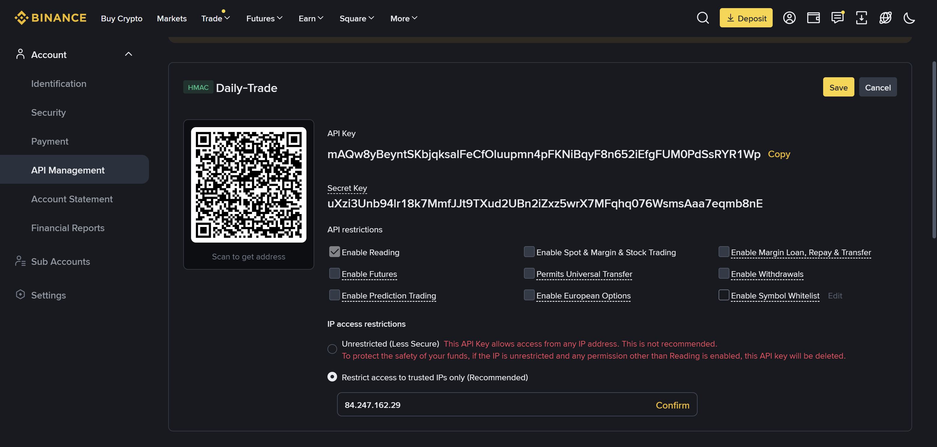 API permissions configuration with Spot Trading enabled and Withdrawals disabled