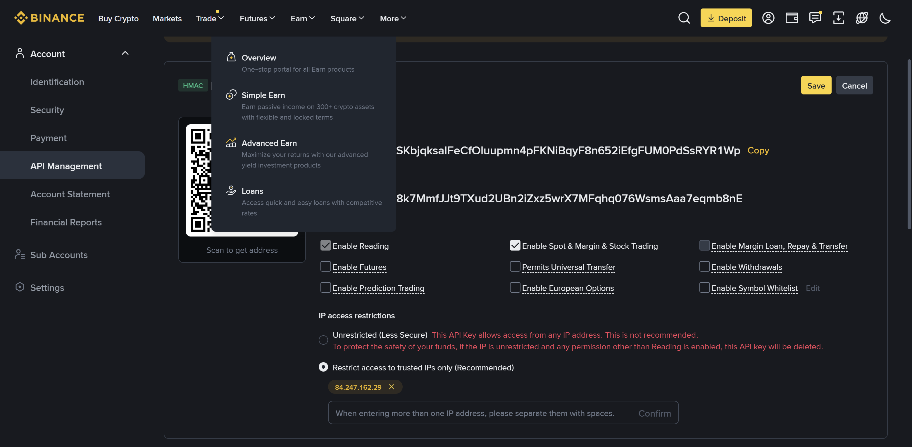 IP restriction screen with trusted IP option selected