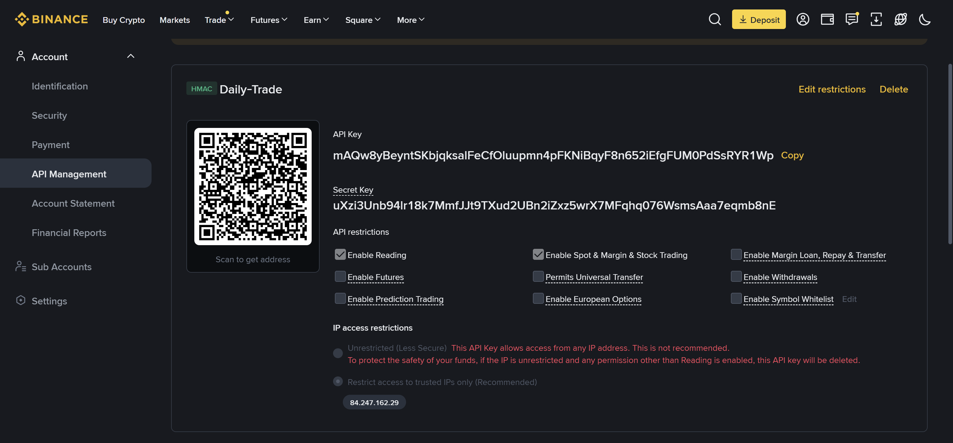 Daily Trade settings showing Binance tab with keys pasted