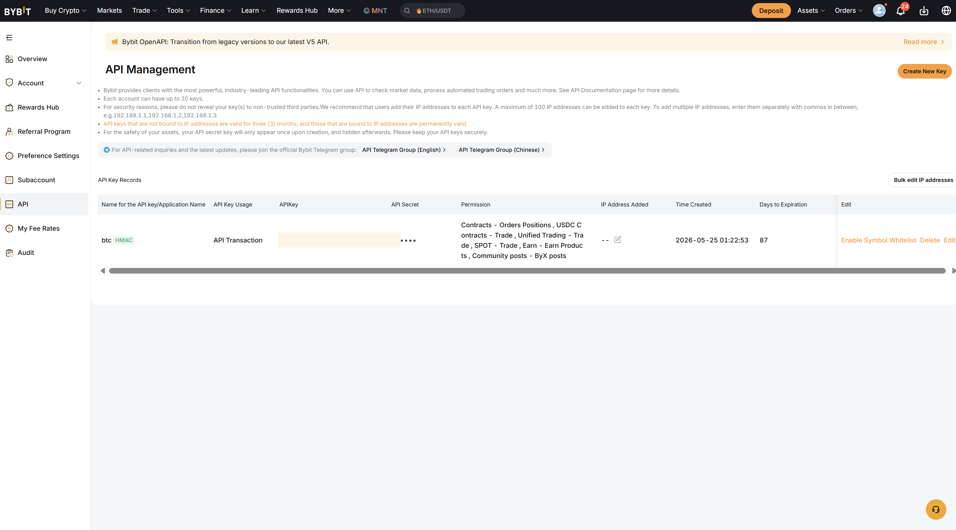Bybit API Management page with Create New Key button