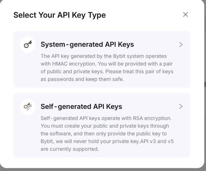 Bybit key type selection