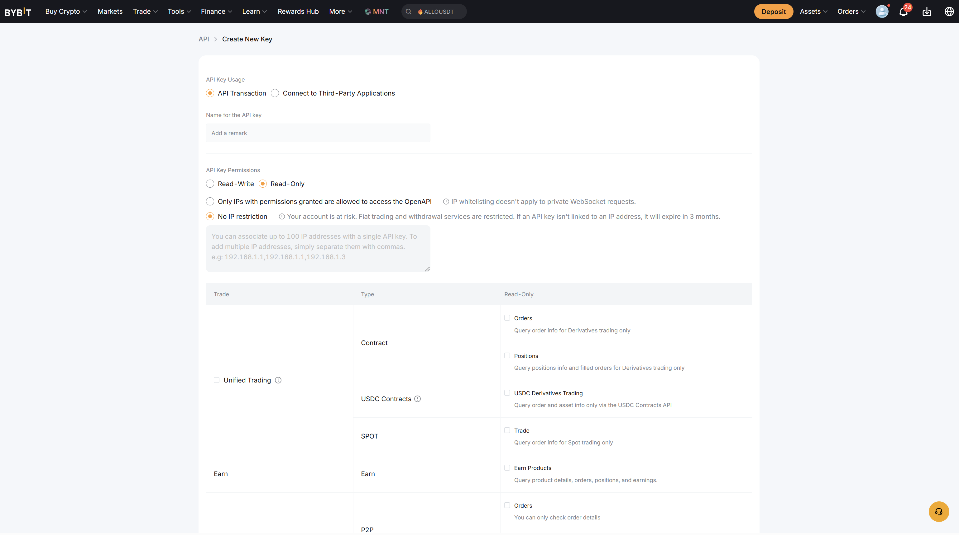 Bybit key creation form with name and usage type