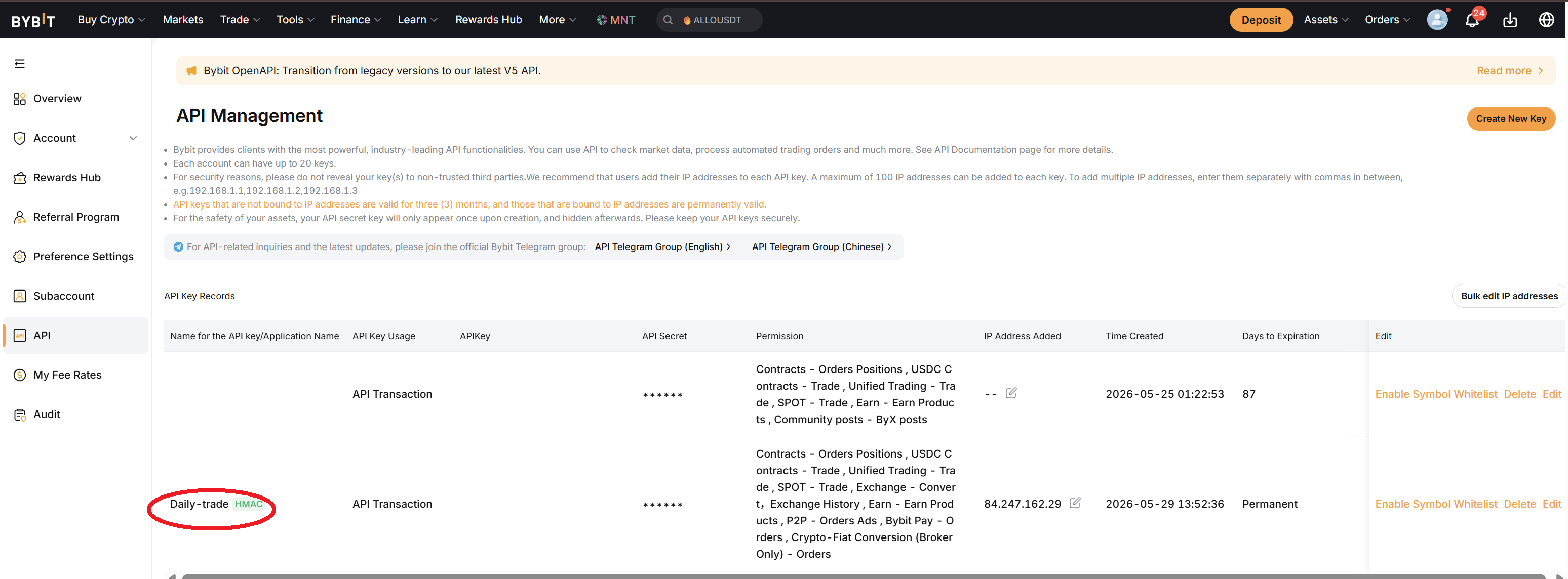 Daily Trade settings Bybit tab with keys pasted